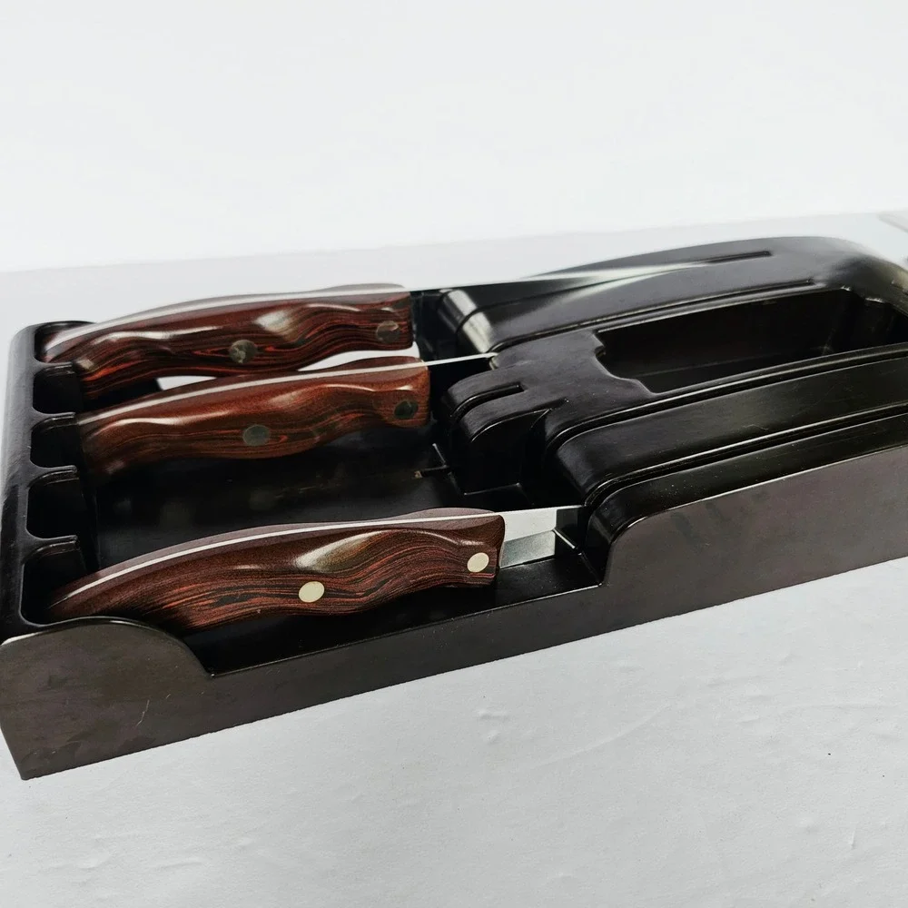 Vintage Cutco Knife Set 22 23 25 Brown Swirl Handle Wall Tray Made in USA Retro